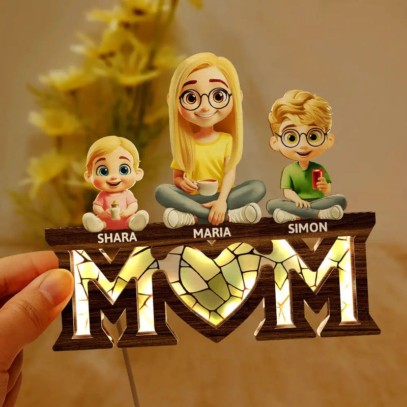 Gift For Mother, Love - Young Mother Daughter Son We Love You Mom 3D Cartoon - Personalized LED Light Wooden Plaque