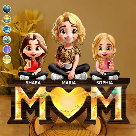 Young Mother Daughter Son We Love You Mom 3D Cartoon - Personalized LED Light Wooden Plaque