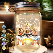 Gift For Mother, Love - Young Mother Daughter Son We Love You Mom 3D Cartoon - Personalized Mason Jar Light