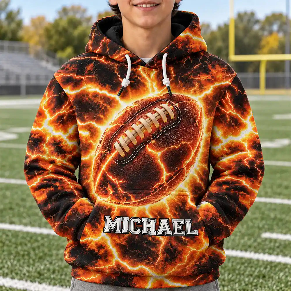 Youth Athlete Gift For Boys - Personalized Fire And Lightning Sports Ball Fleece Hoodie