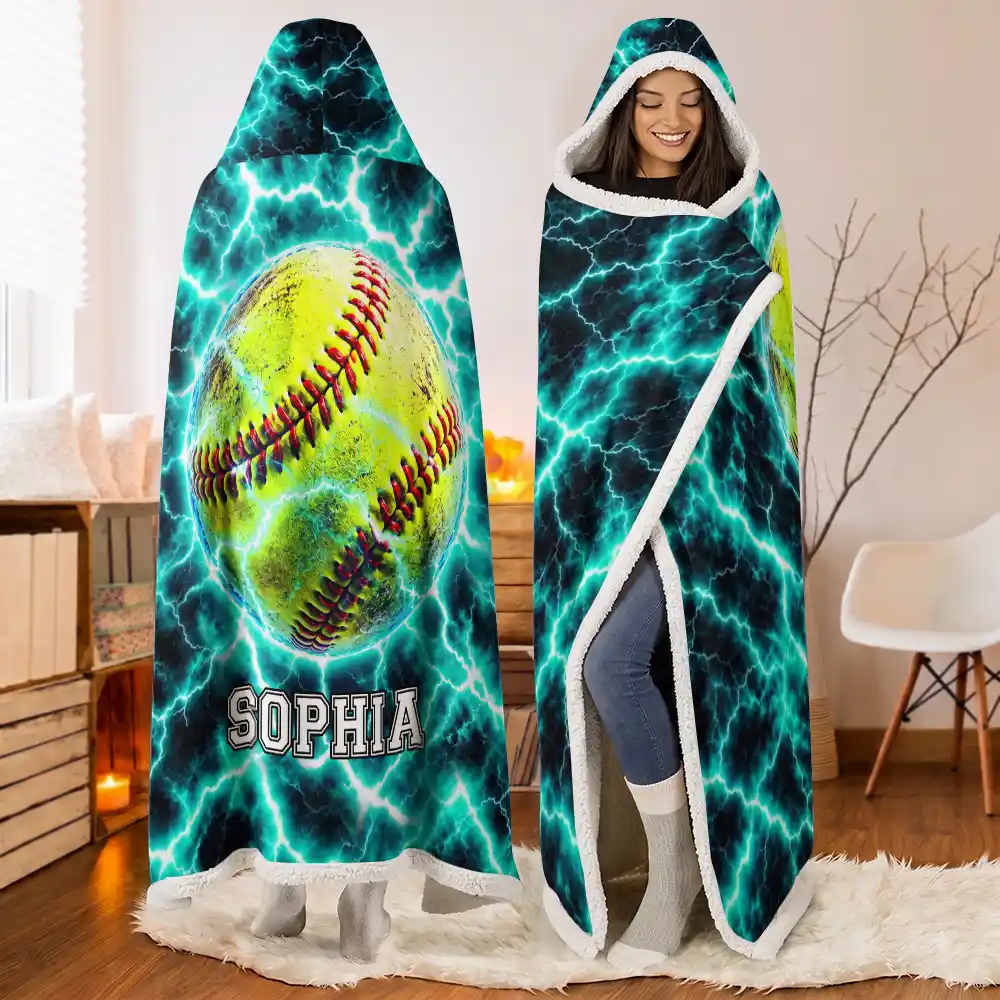 Christmas,Football,Gift For Kids,Happy,Icon - Youth Athlete Gift For Boys - Personalized Fire And Lightning Sports Ball Wearable Hooded Blanket