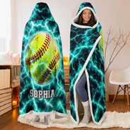 Christmas,Football,Gift For Kids,Happy,Icon - Youth Athlete Gift For Boys - Personalized Fire And Lightning Sports Ball Wearable Hooded Blanket