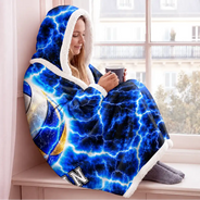 Christmas,Football,Gift For Kids,Happy,Icon - Youth Athlete Gift For Boys - Personalized Fire And Lightning Sports Ball Wearable Hooded Blanket