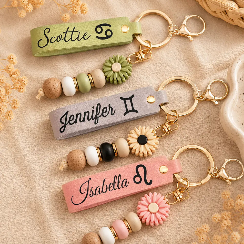 Gift For Yourself,Gift For Women,Adorable,Icon- Zodiac Signs With Name - Personalized Leather Beaded Keychain