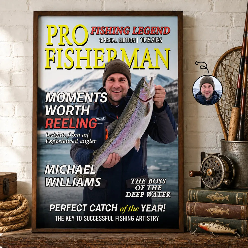 Custom Photo, Fishing, Gift For Men, Gift For Yourself, Gifts For Him, Happy, Remove BG Photo, Top Market - Gift For Fishing Lovers - Personalized Custom Photo Fisherman Of The Year Magazine Poster