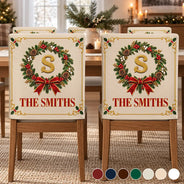 Christmas,Family,Icon,Sentimental - Christmas Table Decor Gift For Family - Personalized Monogram Gold Initial In Holly Wreath Chair Back Cover