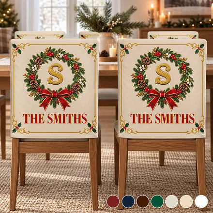 Christmas Table Decor Gift For Family - Personalized Monogram Gold Initial In Holly Wreath Chair Back Cover