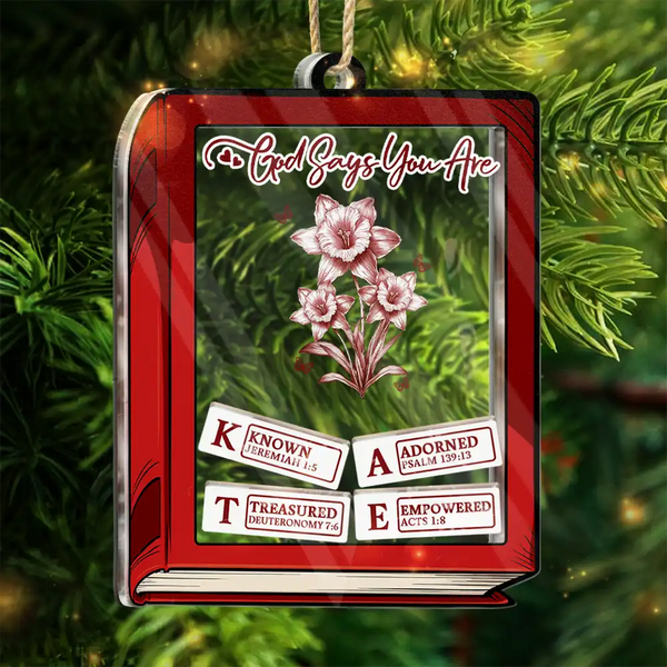 Gift For Yourself, Gift For Women, Happy, Christian, Christmas - God Says I Am Toile De Jouy Birth Flower Book Shape - Personalized 3-Layered Acrylic Shaker Ornament