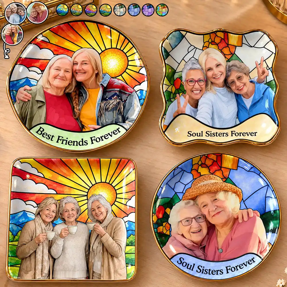 Afro Besties, Art Design, Christmas, Custom Photo, Gift For Bestie, Photo - Stained Glass, Sentimental, Top Market - Birthday Gift For Bestie - Personalized Custom Photo Stained Glass Effect Ring Dish