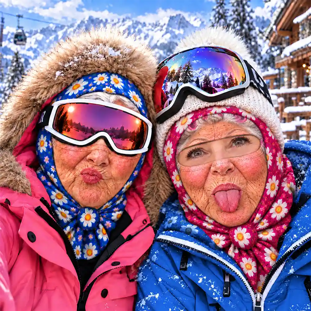 Christmas,Humorous,Icon,Skiing - Winter Skiing Gag Gift For Bestie, Girl Group - Personalized 3D Realistic Funny Old Lady Face Balaclava Face Mask