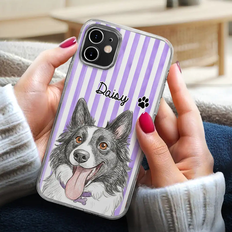 Custom Photo,Art Design,Pet Lovers,Adorable,Photo - Colored Pencil  - Custom Photo Colored Pencil Sketch Cute Dog Cat Stripe Pattern - Personalized Clear Phone Case