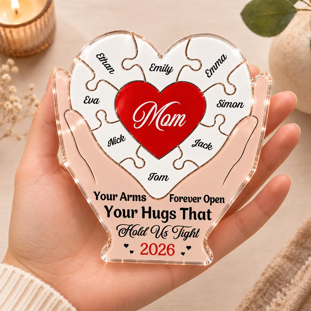 Christmas, Gift For Mother, Gifts For Her, Grateful, Vector - Birthday Christmas Gift For Mom, Bonus Mom - Personalized Hands Hold Heart Shaped Acrylic Puzzle