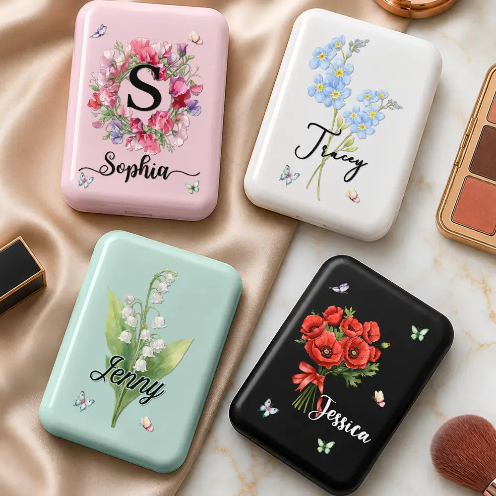 Gift For Yourself,Gift For Women,Confident,Icon - Watercolor Birth Flower Custom Name For Her, Daughter, Mom, Besties - Personalized LED Compact Mirror