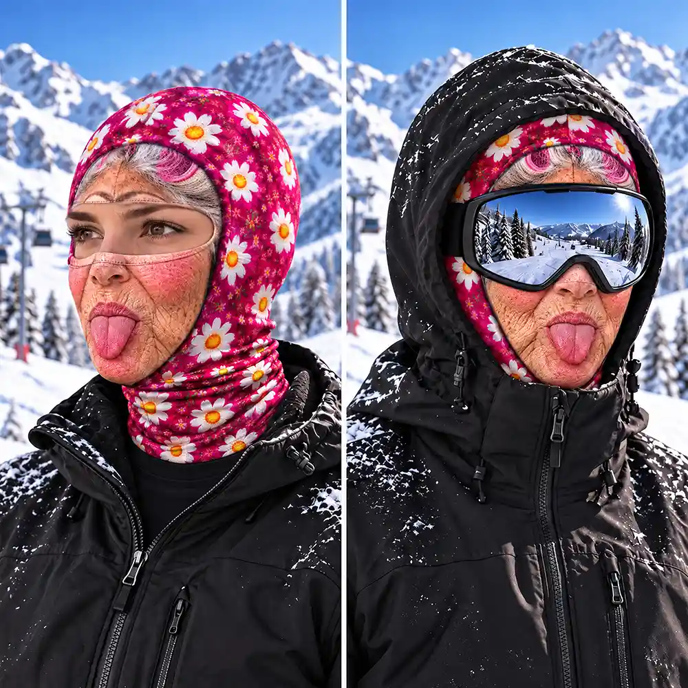 Christmas,Humorous,Icon,Skiing - Winter Skiing Gag Gift For Bestie, Girl Group - Personalized 3D Realistic Funny Old Lady Face Balaclava Face Mask
