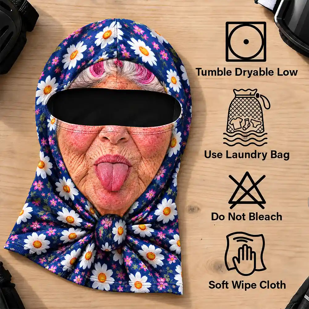 Christmas,Humorous,Icon,Skiing - Winter Skiing Gag Gift For Bestie, Girl Group - Personalized 3D Realistic Funny Old Lady Face Balaclava Face Mask