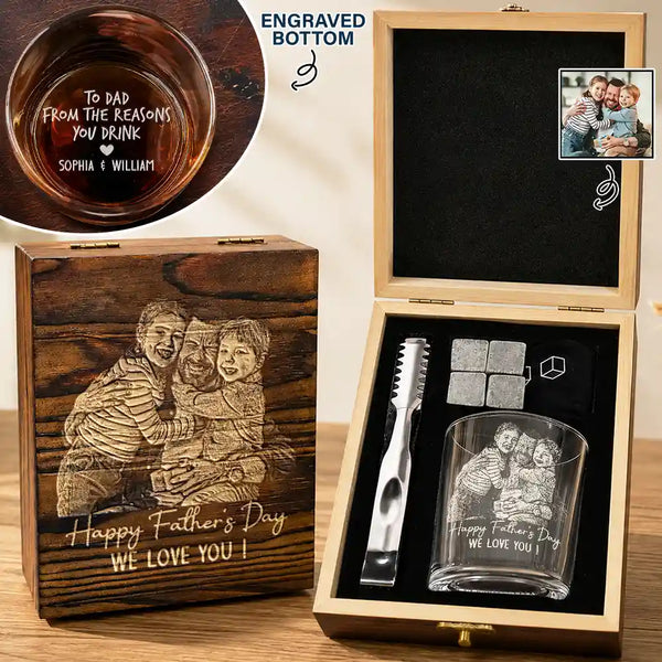 Gift For Father,Custom Photo,Art Design,Proud,Photo - Pencil Sketch - Dark BG - Custom Photo White Pencil Sketch Art From The Reason You Drink - Personalized Whiskey Glass