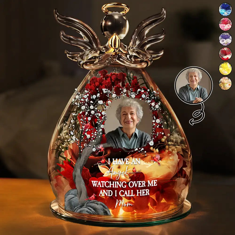 Custom Photo Memorial I Have An Angel Watching Over Me - Personalized Flower In Glass Angel Figurine