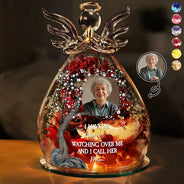 Custom Photo Memorial I Have An Angel Watching Over Me - Personalized Flower In Glass Angel Figurine