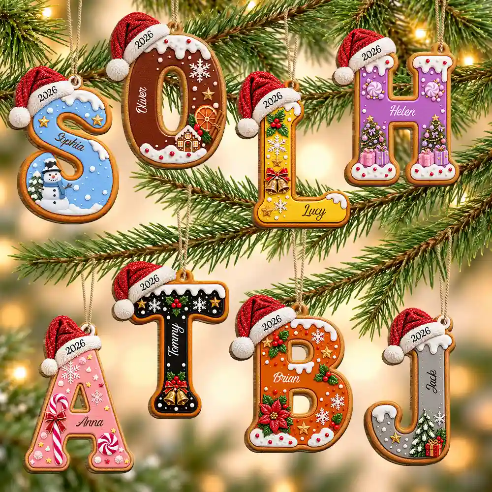 Custom Name Christmas Santa Hat Initial Letter Gift For Family - Personalized Custom Shaped Wooden Ornament