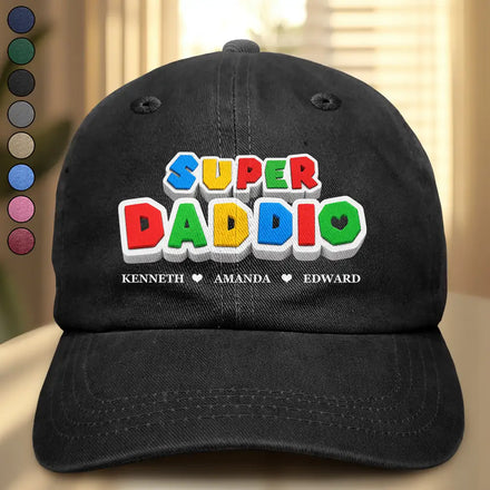 Super Dad Papa Arcade Retro 3D Effect Custom Kid Names - Personalized Vintage Washed Denim Cap