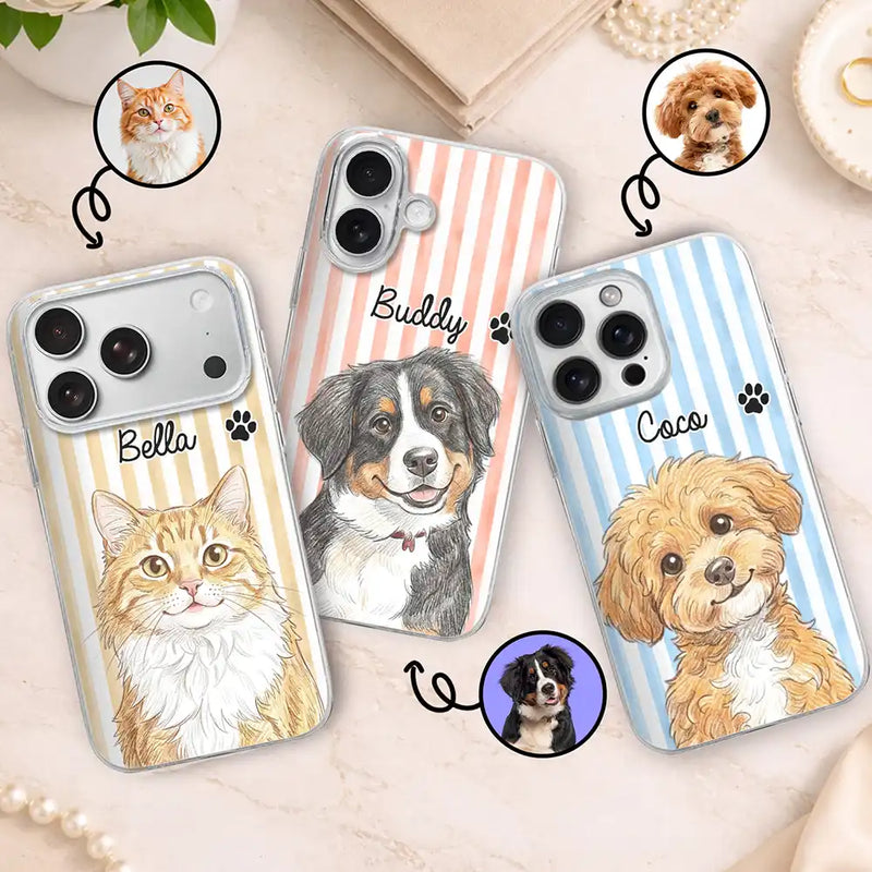 Custom Photo,Art Design,Pet Lovers,Adorable,Photo - Colored Pencil  - Custom Photo Colored Pencil Sketch Cute Dog Cat Stripe Pattern - Personalized Clear Phone Case