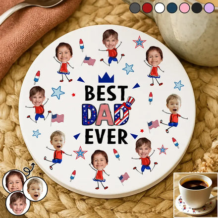 Custom Photo Stars & Stripes Best Dad Mom Grandpa Grandma Ever - Personalized Ceramic Coaster