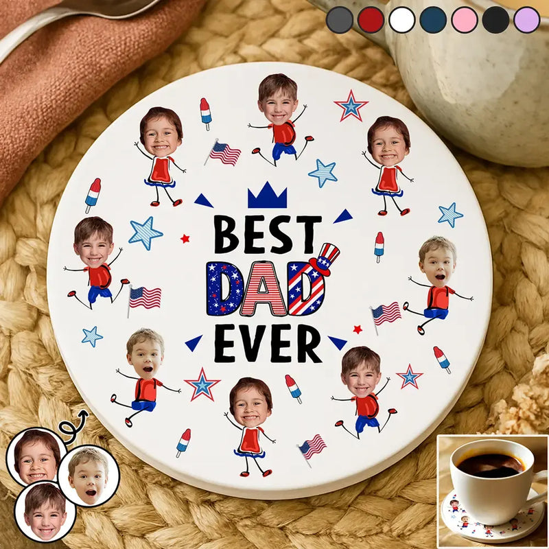 Gift For Mother,Gift For Grandma,Happy,Gift For Father,Gift For Grandpa,Independence Day,Non-Eng,Photo,Icon,Humorous - Custom Photo Stars & Stripes Best Dad Mom Grandpa Grandma Ever - Personalized Ceramic Coaster