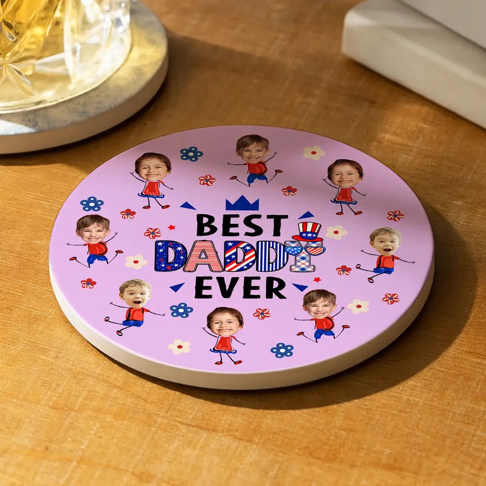Gift For Mother,Gift For Grandma,Happy,Gift For Father,Gift For Grandpa,Independence Day,Non-Eng,Photo,Icon,Humorous - Custom Photo Stars & Stripes Best Dad Mom Grandpa Grandma Ever - Personalized Ceramic Coaster