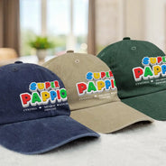 Gift For Father,Non-Eng,Custom Text,Adorable - Super Dad Papa Arcade Retro 3D Effect Custom Kid Names - Personalized Vintage Washed Denim Cap