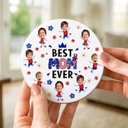 Gift For Mother,Gift For Grandma,Happy,Gift For Father,Gift For Grandpa,Independence Day,Non-Eng,Photo,Icon,Humorous - Custom Photo Stars & Stripes Best Dad Mom Grandpa Grandma Ever - Personalized Ceramic Coaster