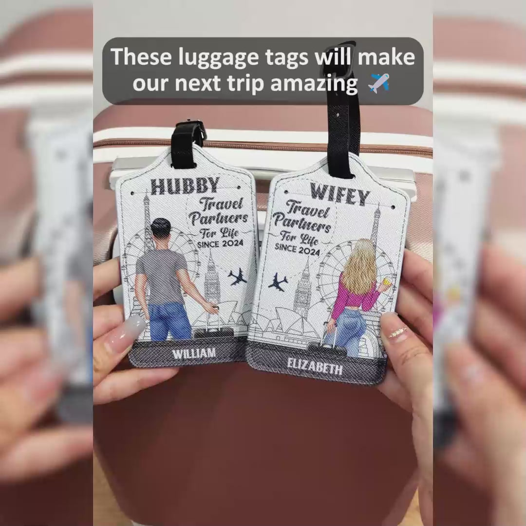 Traveling Couple Hubby & Wifey Travel Partners For Life - Gift For Couples, Traveling Gift - Personalized Combo 2 Luggage Tags