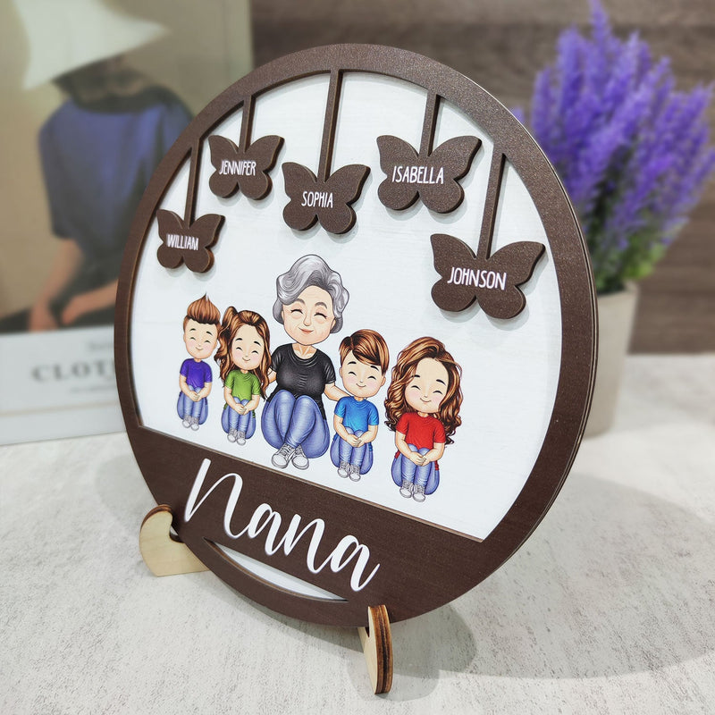 Grandma Mom Grandkids Kids Butterflies - Gift For Mother, Grandmother - Personalized 2-Layered Wooden Plaque With Stand
