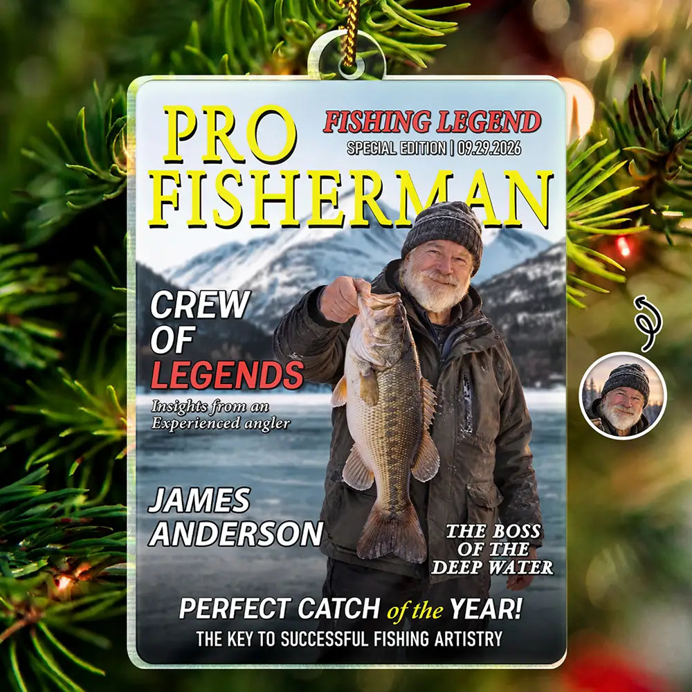 Christmas, Custom Photo, Fishing, Gift For Men, Gift For Yourself, Gifts For Him, Happy, Remove BG Photo - Christmas Gift For Fishing Lovers - Personalized Custom Photo Fisherman Of The Year Magazine Acrylic Ornament