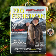 Christmas, Custom Photo, Fishing, Gift For Men, Gift For Yourself, Gifts For Him, Happy, Remove BG Photo - Christmas Gift For Fishing Lovers - Personalized Custom Photo Fisherman Of The Year Magazine Acrylic Ornament