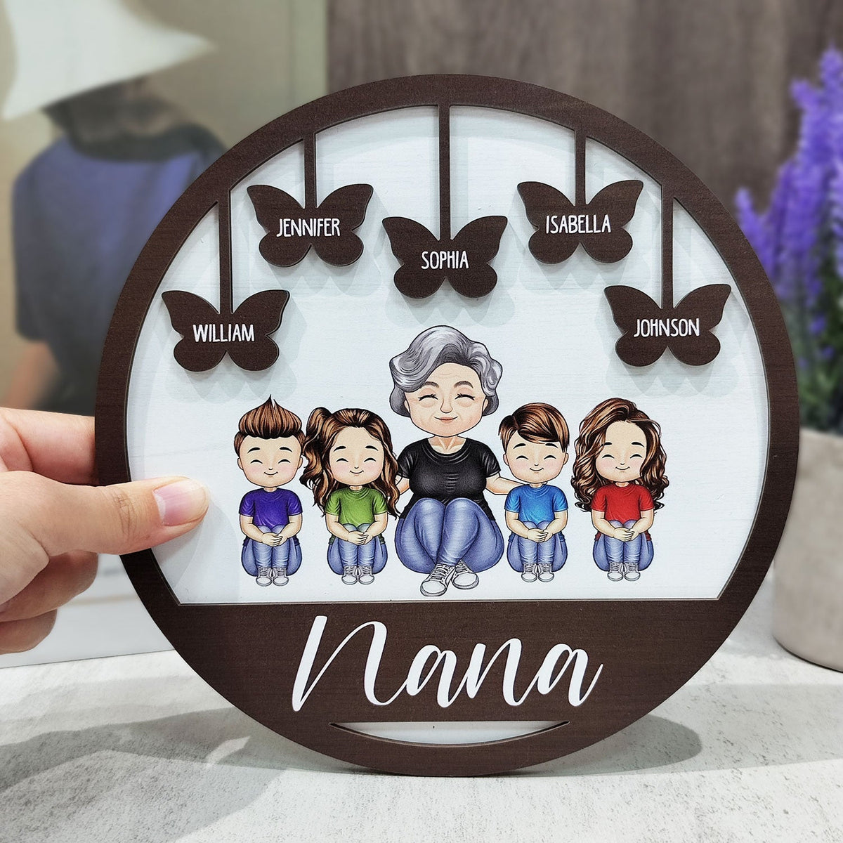 Grandma Mom Grandkids Kids Butterflies - Gift For Mother, Grandmother - Personalized 2-Layered Wooden Plaque With Stand