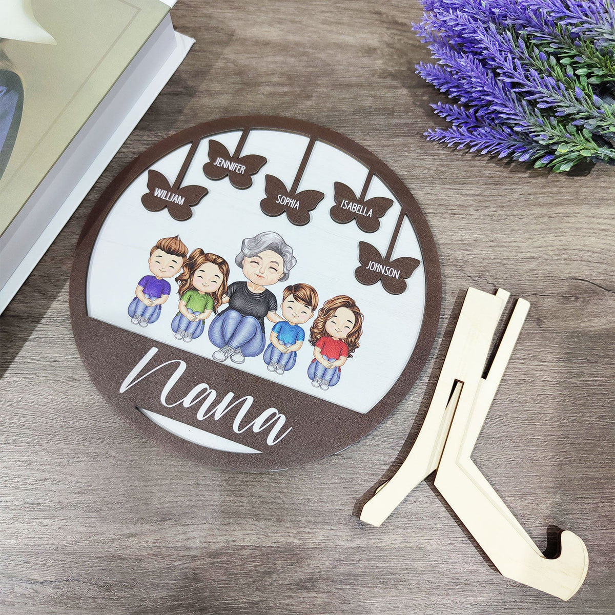 Grandma Mom Grandkids Kids Butterflies - Gift For Mother, Grandmother - Personalized 2-Layered Wooden Plaque With Stand