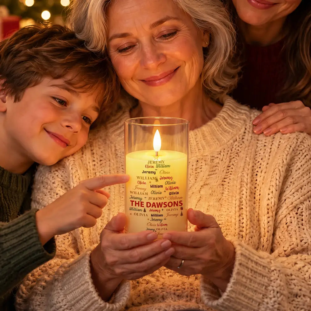 Christmas,Custom Text,Family,Sentimental - Christmas Gift For Family Grandma Mom - Personalized Family & Member Names Word Art Christmas Tree LED Candle