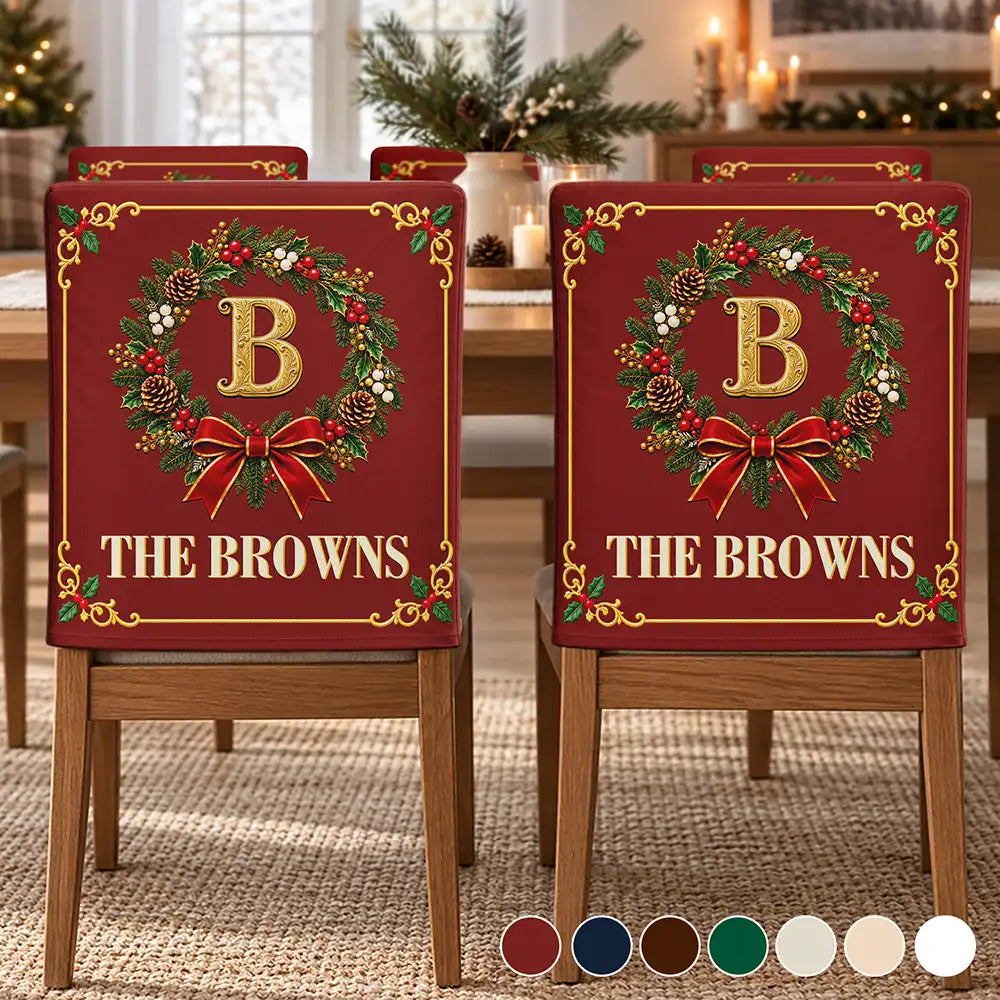 Christmas,Family,Icon,Sentimental - Christmas Table Decor Gift For Family - Personalized Monogram Gold Initial In Holly Wreath Chair Back Cover