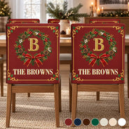 Christmas,Family,Icon,Sentimental - Christmas Table Decor Gift For Family - Personalized Monogram Gold Initial In Holly Wreath Chair Back Cover