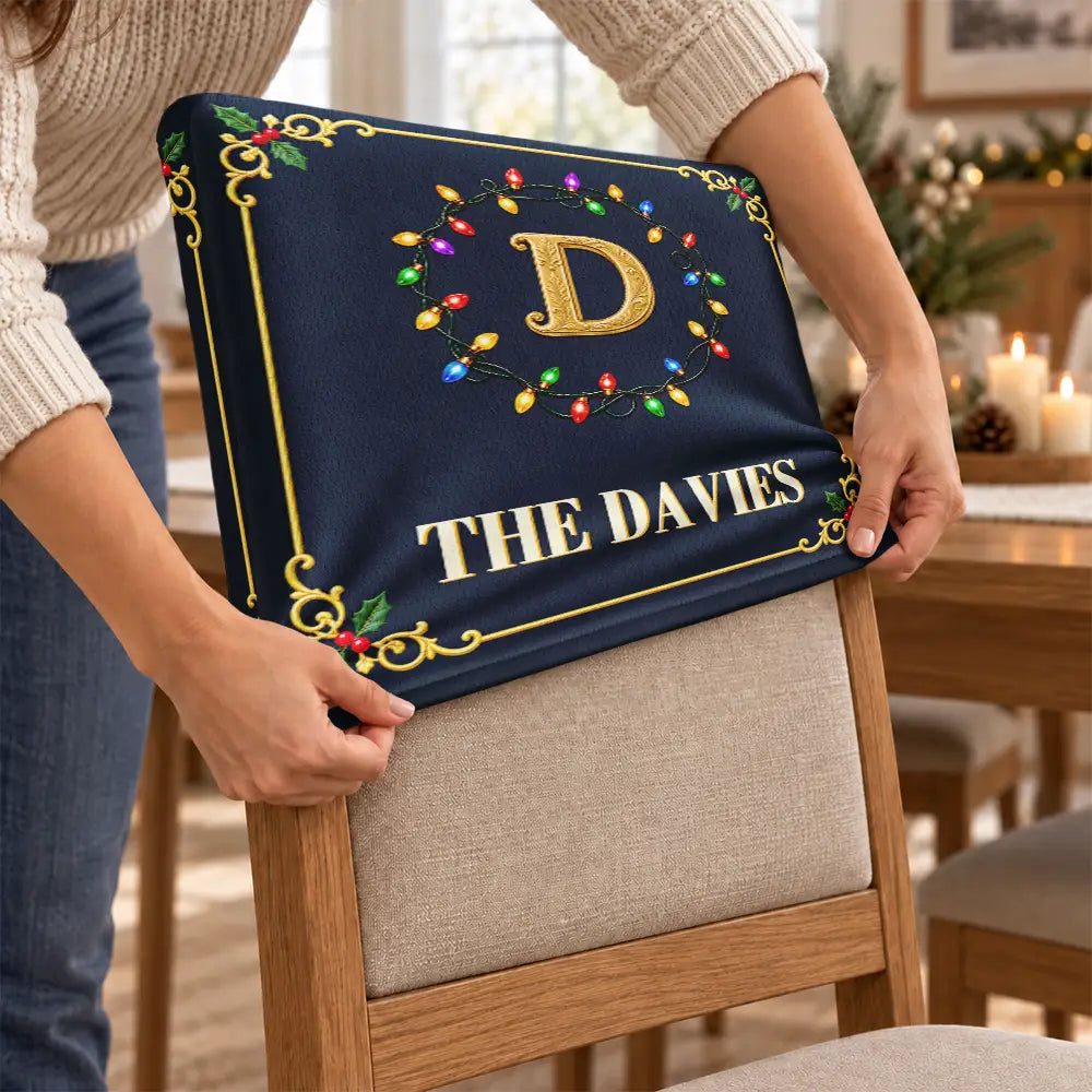 Christmas,Family,Icon,Sentimental - Christmas Table Decor Gift For Family - Personalized Monogram Gold Initial In Holly Wreath Chair Back Cover