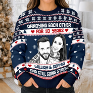 Art Design, Christmas, Custom Photo, Gift For Couples, Old Couples, Photo -  Knit-Style Line Art, Romantic - Christmas Gift For Couples - Personalized Custom Photo Annoying Each Other For Many Years Unisex Ugly Sweater