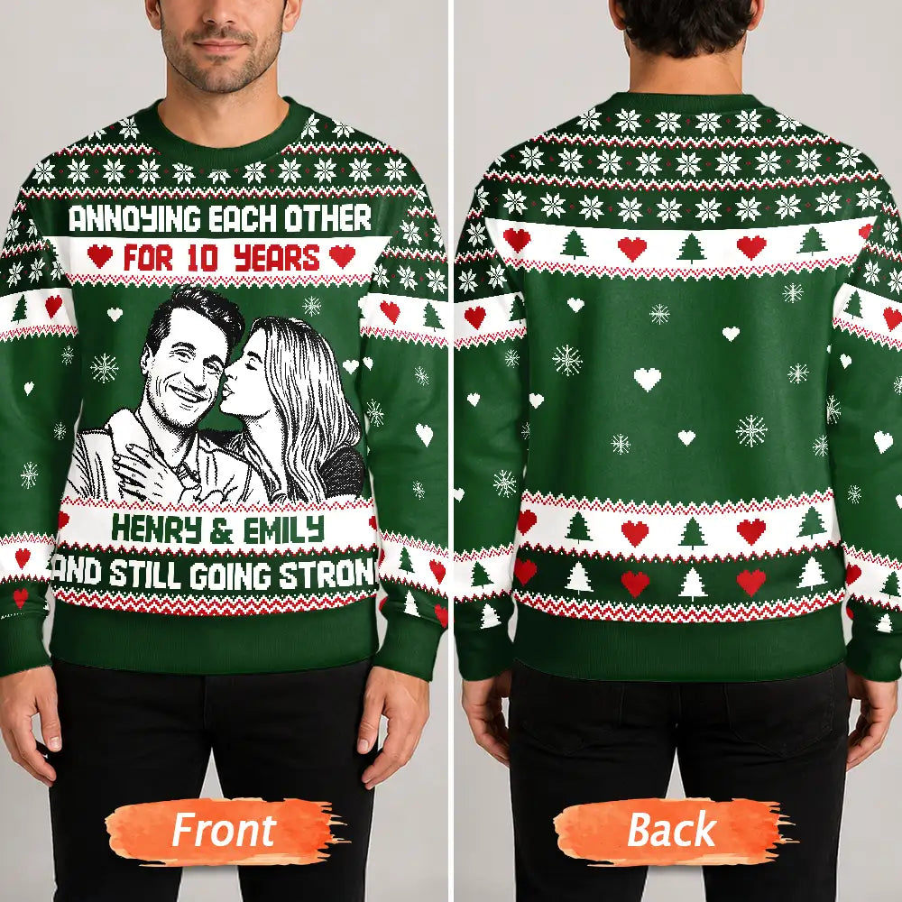 Art Design, Christmas, Custom Photo, Gift For Couples, Old Couples, Photo -  Knit-Style Line Art, Romantic - Christmas Gift For Couples - Personalized Custom Photo Annoying Each Other For Many Years Unisex Ugly Sweater