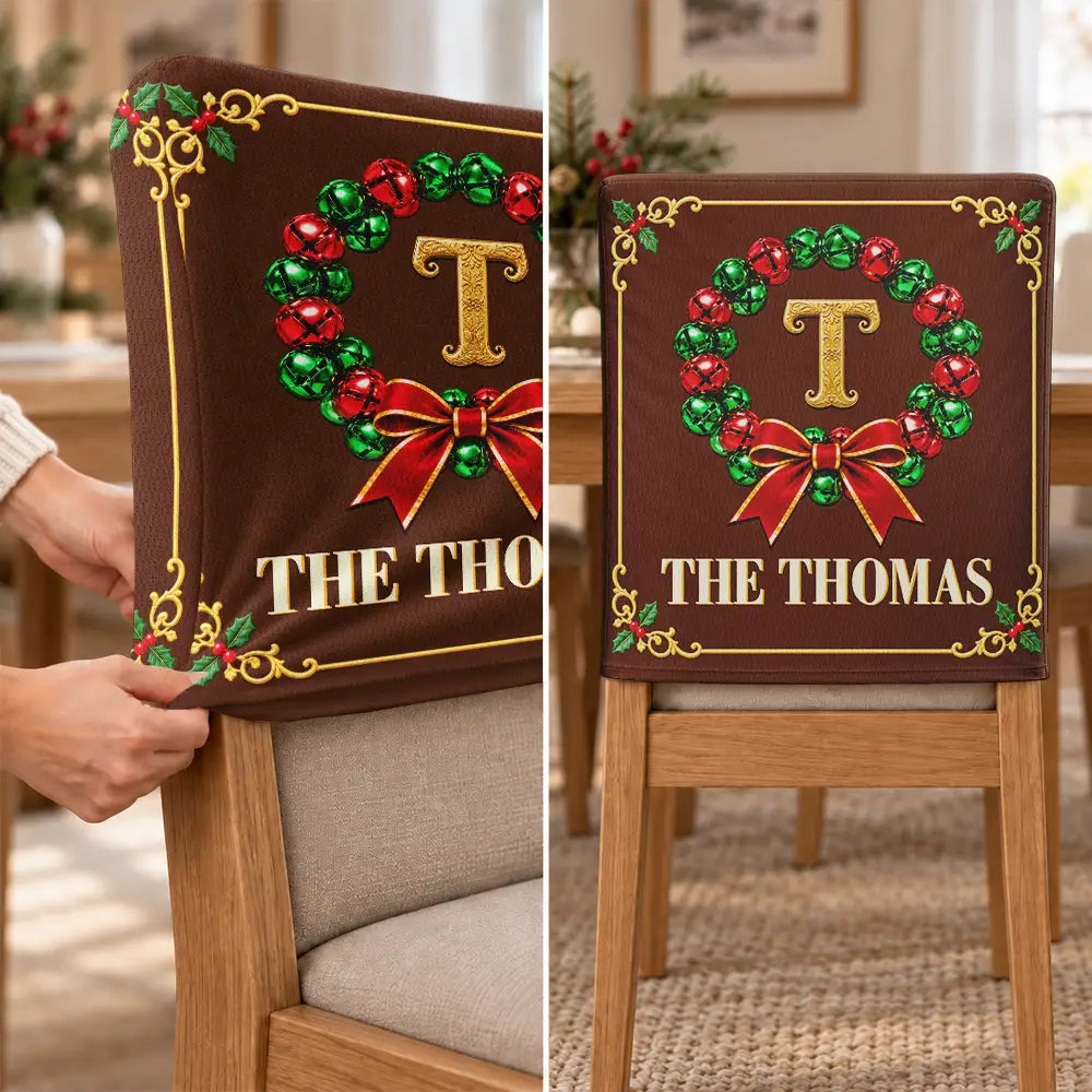Christmas,Family,Icon,Sentimental - Christmas Table Decor Gift For Family - Personalized Monogram Gold Initial In Holly Wreath Chair Back Cover