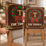 Christmas,Family,Icon,Sentimental - Christmas Table Decor Gift For Family - Personalized Monogram Gold Initial In Holly Wreath Chair Back Cover